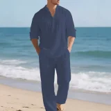 EVE Men's Casual Solid Color Shirt Two Piece Pants Set FLZH-ZT167-ZK168