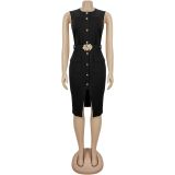 EVE Single Breasted Solid Color Sleeveless Midi Dress BY-7623