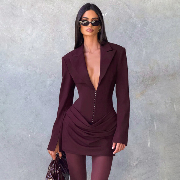 EVE Deep V Neck Long Sleeve Ruched Mini Dress GAXB-W535DS