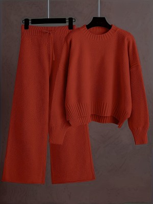 EVE Plus Size Knits Solid Color Wide Leg Two Piece Pants Set FSXF-F760