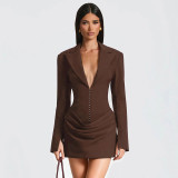EVE Deep V Neck Long Sleeve Ruched Mini Dress GAXB-W535DS