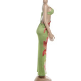 EVE Sexy Wrap Chest Print Sling Maxi Dress XEF-K25D88764