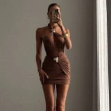 EVE Halterneck Metal Buckle Patchwork Ruched Mini Dress DLSF-K25D88139