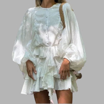 EVE Plus Size Solid Color Ruffles Lantern Sleeve Mini Dress GHHE-29523