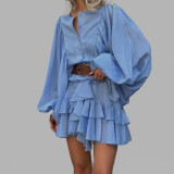 EVE Plus Size Solid Color Ruffles Lantern Sleeve Mini Dress GHHE-29523