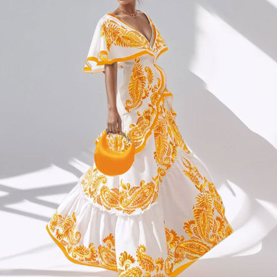 EVE Plus Size Print V Neck Ruffles Maxi Dress GHHE-29088