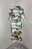 EVE Plus Size Print Tie Up V Neck Long Dress GHHE-28747