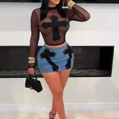 EVE Rivet Embroidered Long-Sleeve Short Skirt Set GFCF-1283