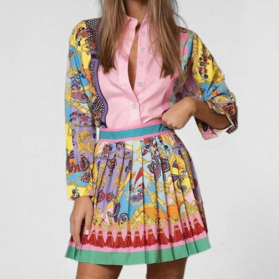 EVE Plus Size Print Long Sleeve Shirt Two Piece Skirts Set GHHE-29195