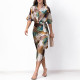 EVE Plus Size Print Tie Up V Neck Long Dress GHHE-28747