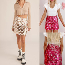 EVE Heart-Print Color-Block Sequined Skirt GOLB-SU4243