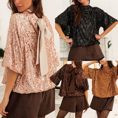 EVE Fashion Sequin Half Sleeve Back Tie Up Shirt GOLB-SU4268