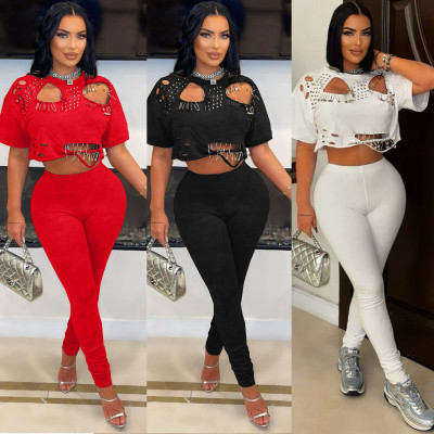 EVE Holes Short-Sleeve T-Shirt Two-Piece Pants Set  YNSF-2683