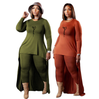 EVE Plus Size Letter Print Long Sleeve Two Piece Pants Set QYXZ-9958