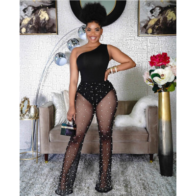 EVE Slash Neck Mesh Patchwork Print Jumpsuit QYXZ-9921
