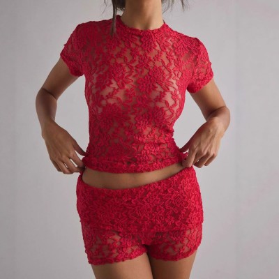 EVE Lace Short Sleeve T Shirt Shorts 2 Piece Set GOLB-SU4238