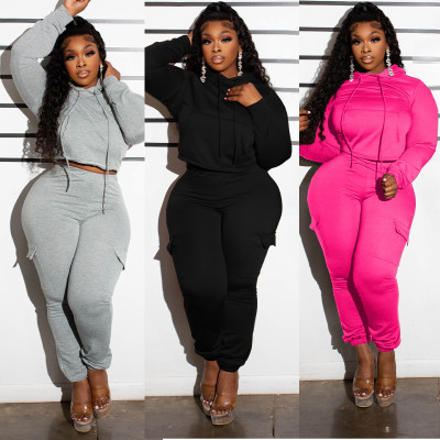 EVE Patchwork Fleece-lined Hooded Sweatshirt Pants Two-Piece Set YNSF-2621