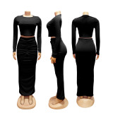 EVE Long Sleeve Ruched Solid Two Piece Skirts Set SFY-828