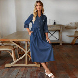 EVE Plus Size Denim Stand Collar Button-Up Long Sleeve Dress GDAM-218523