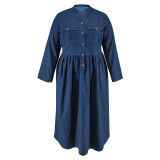 EVE Plus Size Denim Stand Collar Button-Up Long Sleeve Dress GDAM-218523