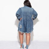 EVE Plus Size Denim Tassel Holes Coat Dress GDAM-218651