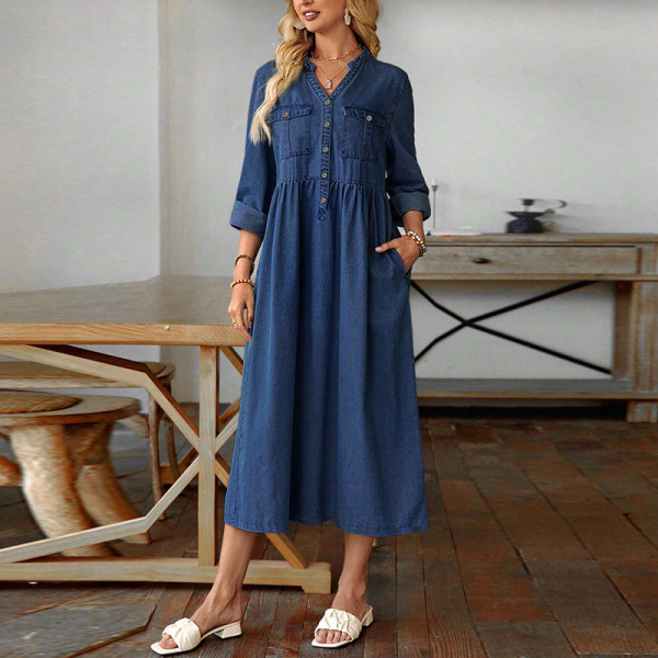 EVE Plus Size Denim Stand Collar Button-Up Long Sleeve Dress GDAM-218523