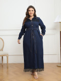EVE Plus Size Tassel Long Sleeve Denim Maxi Dress GDAM-218336