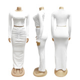 EVE Long Sleeve Ruched Solid Two Piece Skirts Set SFY-828