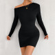 EVE Long Sleeve Slash Neck Ruched Mini Dress YMYF-9553