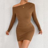 EVE Long Sleeve Slash Neck Ruched Mini Dress YMYF-9553