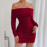EVE Off Shoulder Solid Color Ruched Mini Dress YMYF-9542