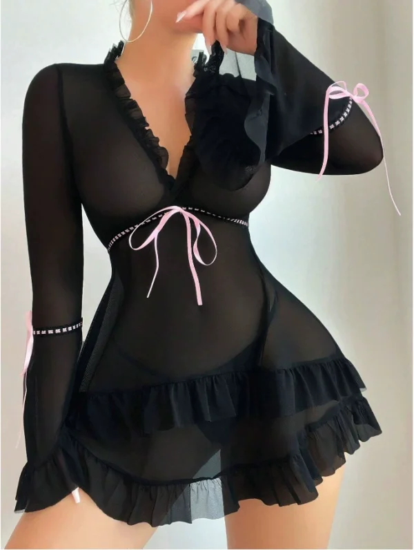 EVE Sexy Mesh Long Sleeve Backless Dress Lingerie Set YQ-W870