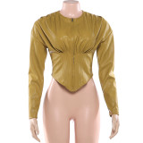 EVE Solid Color Ruched Leather Coats DLSF-K25L88954