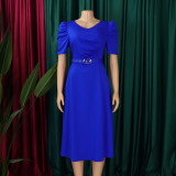 EVE Plus Size V Neck Ruched Midi Dress GCZF-8616