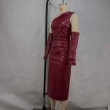 EVE Slash Shoulder Leather Tight Split Midi Dress GPBY-17136
