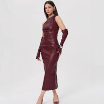 EVE Slash Shoulder Leather Tight Split Midi Dress GPBY-17136