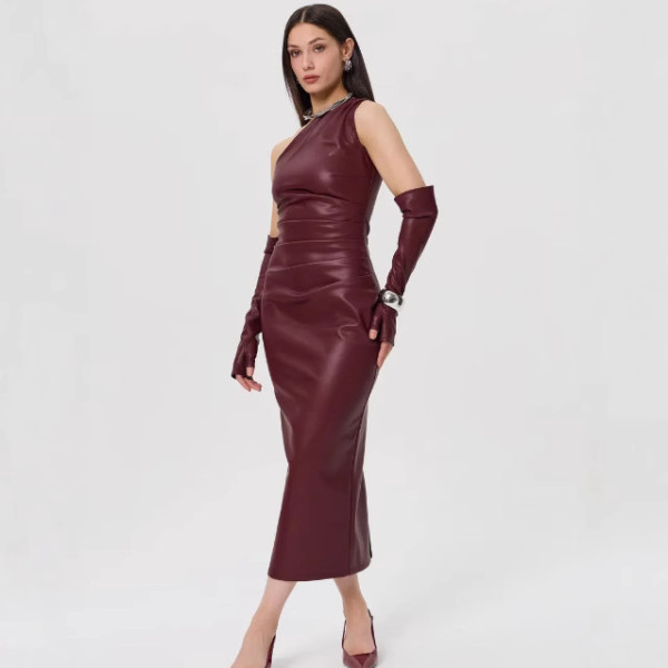EVE Slash Shoulder Leather Tight Split Midi Dress GPBY-17136