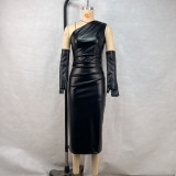 EVE Slash Shoulder Leather Tight Split Midi Dress GPBY-17136