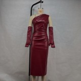 EVE Slash Shoulder Leather Tight Split Midi Dress GPBY-17136