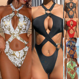 EVE Sexy Print Cross Tie Up One Piece Swimsuit CASF-6732