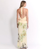 EVE Backless Halterneck Tops Print Long Skirt 3 Piece Set XEF-K25S67406