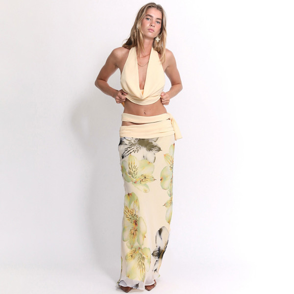 EVE Backless Halterneck Tops Print Long Skirt 3 Piece Set XEF-K25S67406