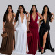 EVE Halterneck Deep V Neck Ruched Split Maxi Dress SFY-631