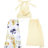 EVE Backless Halterneck Tops Print Long Skirt 3 Piece Set XEF-K25S67406