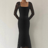 EVE Lace Patchwork Square Neck Ruched Long Dress GZJF-10191