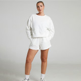 EVE Solid Color Long Sleeve Sweatshirt Two Piece Shorts Set SSNF-211129