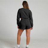 EVE Solid Color Long Sleeve Sweatshirt Two Piece Shorts Set SSNF-211129