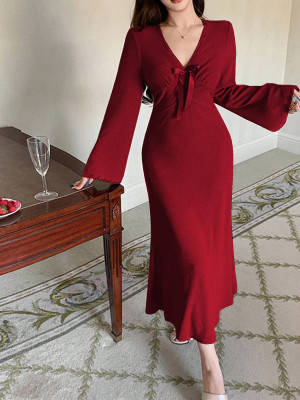 EVE V Neck Flare Sleeve Long Dress GZJF-10208
