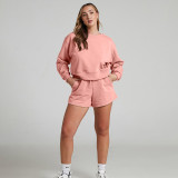 EVE Solid Color Long Sleeve Sweatshirt Two Piece Shorts Set SSNF-211129