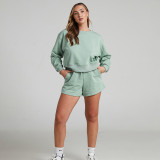 EVE Solid Color Long Sleeve Sweatshirt Two Piece Shorts Set SSNF-211129
